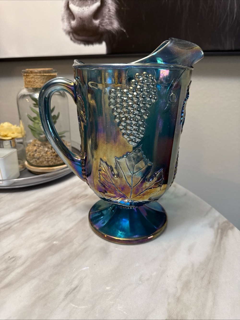 Vintage blue depression glass pitcher embossed grapes pattern